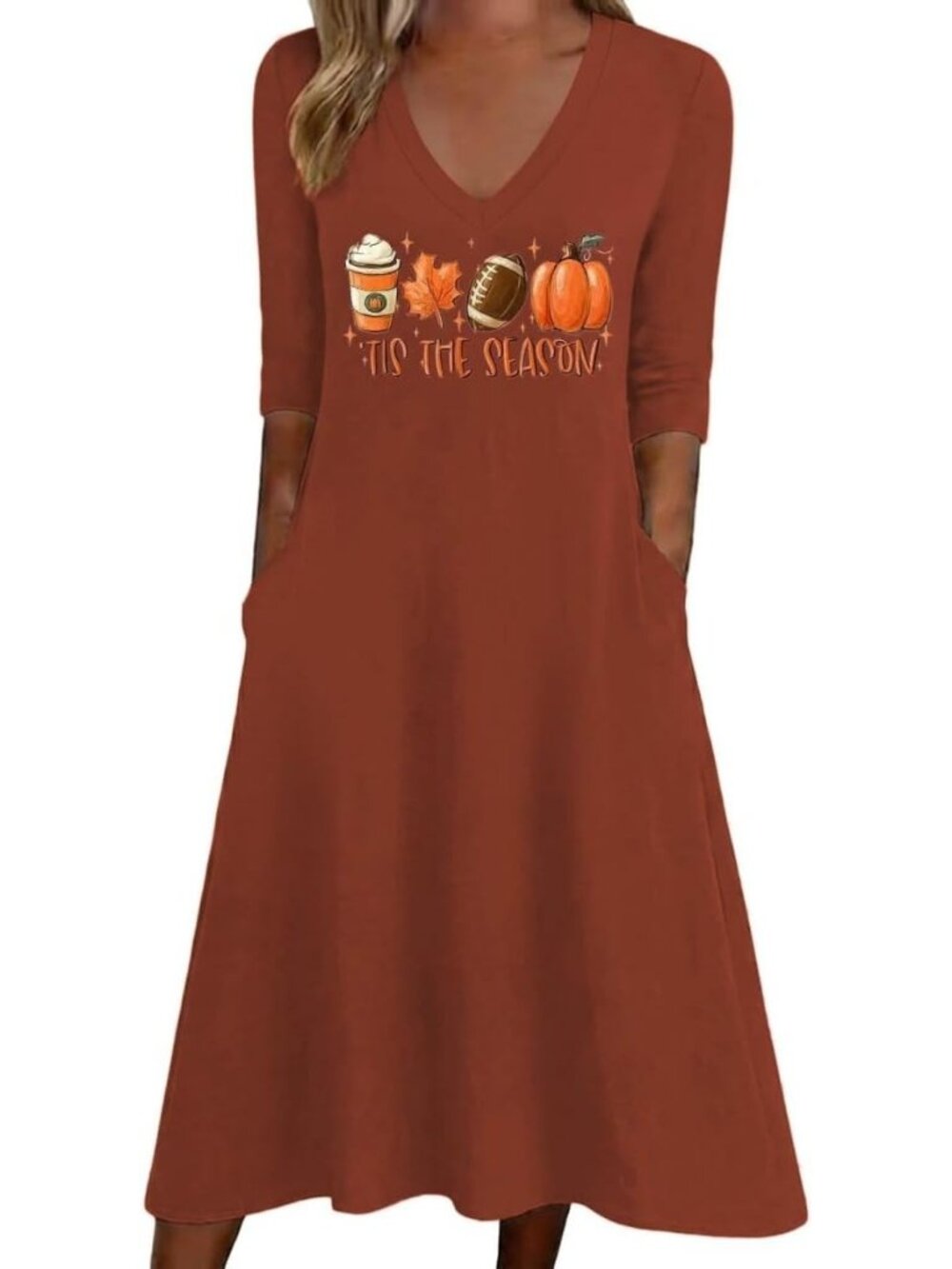 🆕 Women's Fall Tis The Season Dress Pumpkin Football Graphic V-Neck Pockets